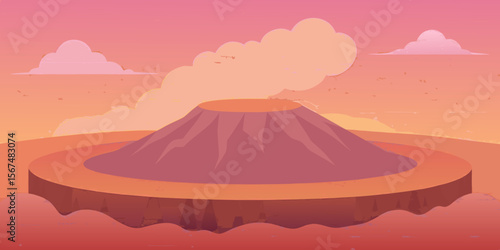 A vibrant illustration of a volcanic mountain landscape at sunset, with clouds and a lake, reminiscent of Mount Fuji in Japan