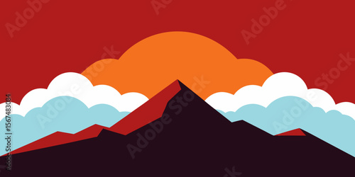 Here's a single sentence combining your keywords to describe the image:

Vector illustration of a serene mountain landscape at sunset, featuring silhouetted peaks and vibrant clouds