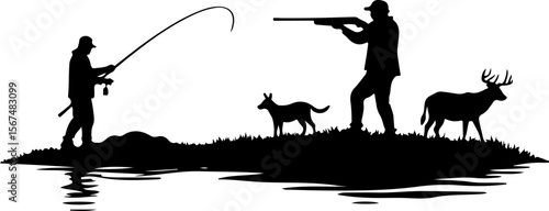 fishing and hunting vector illustration, silhouette, vector, sport, illustration, people, golf, balance, fisherman, fishing, silhouettes, art, tightrope, rope, black, golfer, ski, men, skiing, winter,