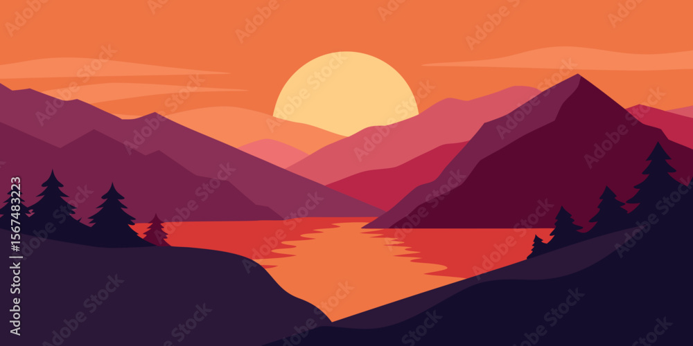 custom made wallpaper toronto digitalA vibrant sunrise or sunset paints the mountain landscape with orange and red hues, as mist fills the valley, silhouetting the forest against the sky
