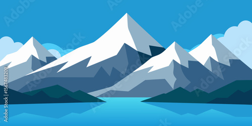 Mountain landscape vector illustration of a cold winter panorama with snow-capped peaks, ice, and blue sky