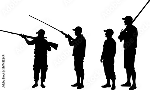 fishing and hunting vector illustration, silhouette, vector, sport, illustration, people, golf, balance, fisherman, fishing, silhouettes, art, tightrope, rope, black, golfer, ski, men, skiing, winter,