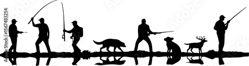 fishing and hunting vector illustration, silhouette, vector, sport, illustration, people, golf, balance, fisherman, fishing, silhouettes, art, tightrope, rope, black, golfer, ski, men, skiing, winter,