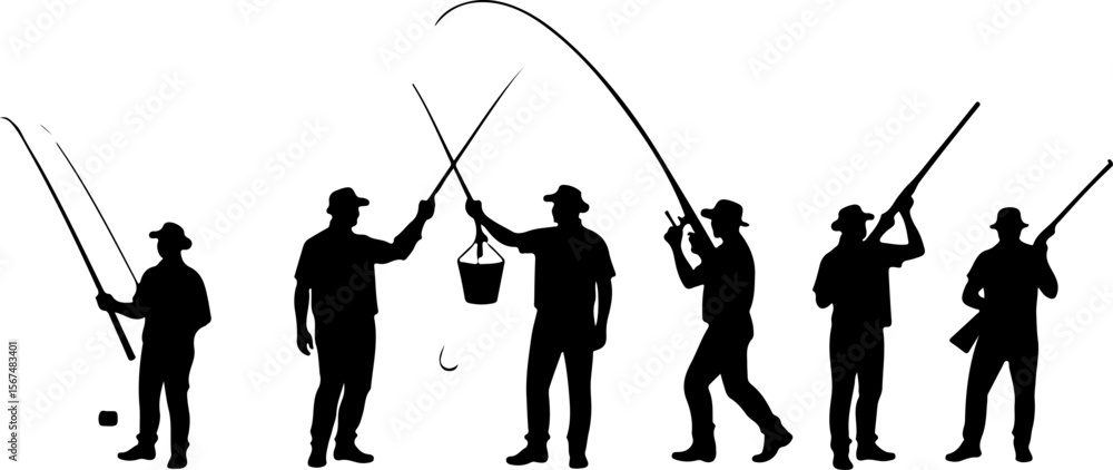 Obraz premium fishing and hunting vector illustration, silhouette, vector, sport, illustration, people, golf, balance, fisherman, fishing, silhouettes, art, tightrope, rope, black, golfer, ski, men, skiing, winter,