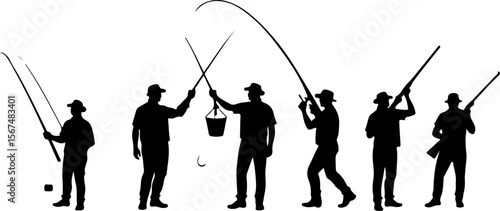fishing and hunting vector illustration, silhouette, vector, sport, illustration, people, golf, balance, fisherman, fishing, silhouettes, art, tightrope, rope, black, golfer, ski, men, skiing, winter,
