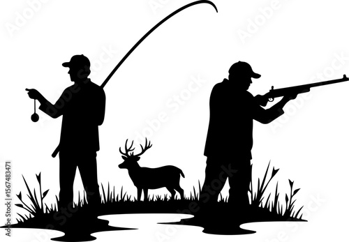 fishing and hunting vector illustration, silhouette, vector, sport, illustration, people, golf, balance, fisherman, fishing, silhouettes, art, tightrope, rope, black, golfer, ski, men, skiing, winter,