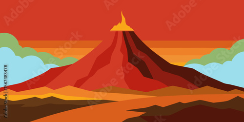 Vector illustration of a mountain landscape with a fiery sunset sky, featuring snow-capped peaks, a serene lake, and a lone tree