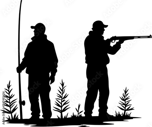 fishing and hunting vector illustration, silhouette, vector, sport, illustration, people, golf, balance, fisherman, fishing, silhouettes, art, tightrope, rope, black, golfer, ski, men, skiing, winter,