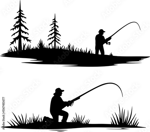 fishing and hunting vector illustration, silhouette, vector, sport, illustration, people, golf, balance, fisherman, fishing, silhouettes, art, tightrope, rope, black, golfer, ski, men, skiing, winter,