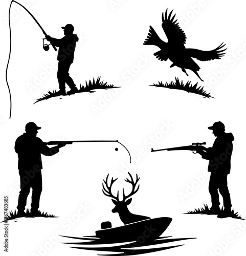 fishing and hunting vector illustration, silhouette, vector, sport, illustration, people, golf, balance, fisherman, fishing, silhouettes, art, tightrope, rope, black, golfer, ski, men, skiing, winter,