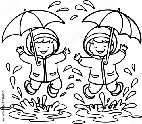 Kids Playing in the Rain with Umbrellas - Coloring Page.