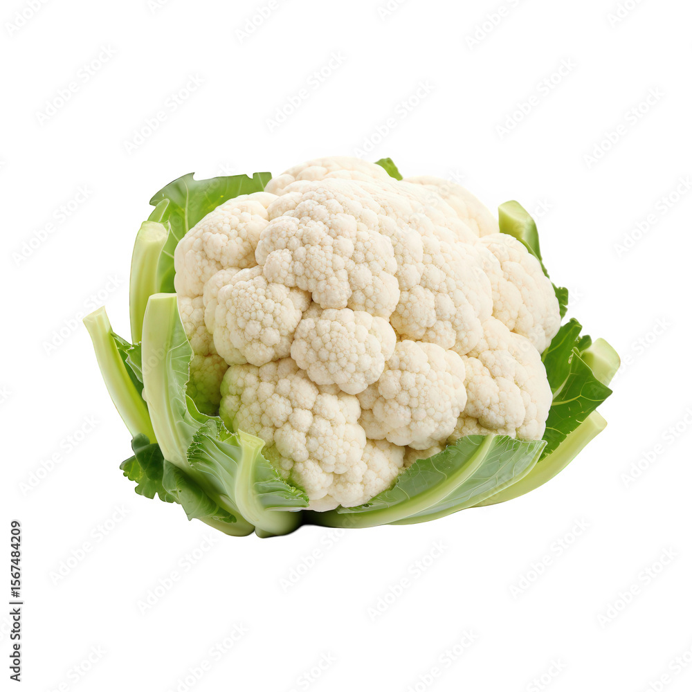 A fresh cauliflower with green leaves is isolated on transparent background A fresh cauliflower with green leaves is isolated on transparent background