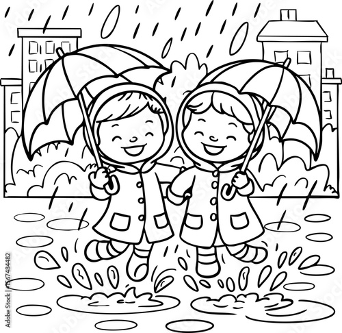 Kids Playing in the Rain with Umbrellas - Coloring Page.