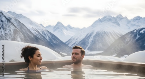 Relaxing Couple Soaking in Outdoor Tub with Snowy Mountain Backdrop