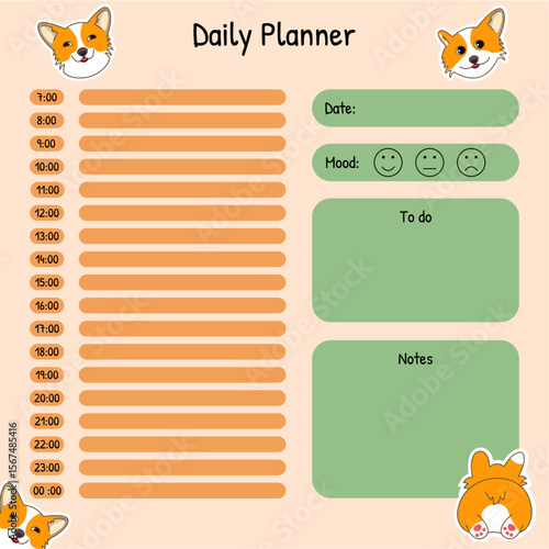 Kids vector daily planner with corgi stickers