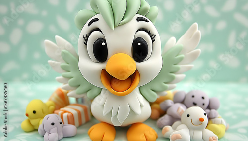 Cheerful Claymation Griffin with Pastel Companions and Striped C