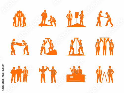 Collection of orange construction worker silhouettes engaged in various teamwork and building activities illustrating collaboration and project completion silhouette