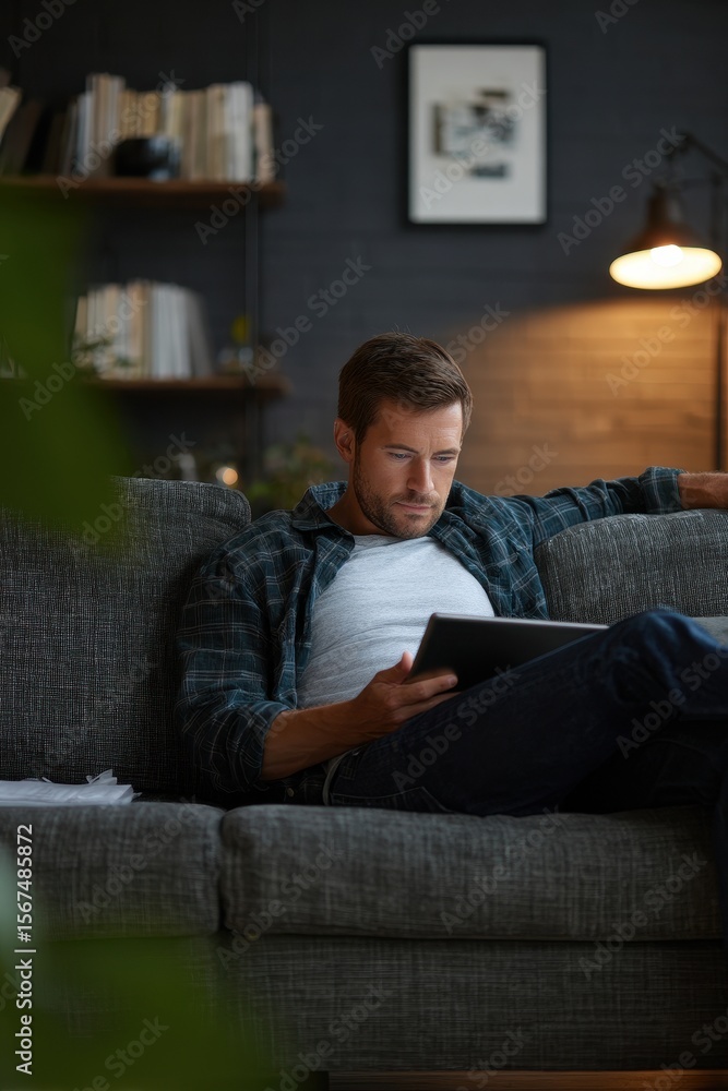 Man relaxing on a couch, using a tablet. Man relaxing on a couch, using a tablet.