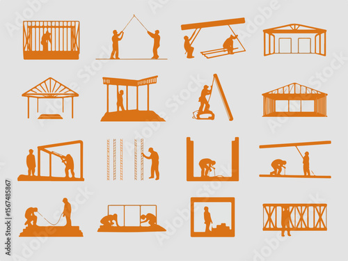 Collection of construction workers and building structures in an orange silhouette style depicting various stages of building and assembly processes