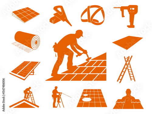 Collection of orange construction and roofing icons including solar panels tools safety harness ladder and workers performing roof repairs and installations silhouette