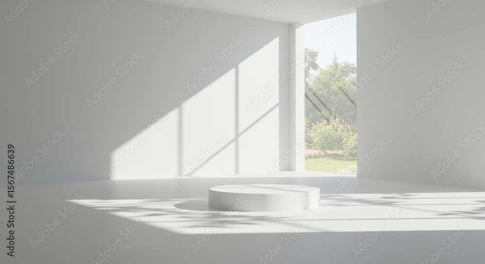 Fototapeta premium Minimalist White Podium in Sunny Room with Garden View for Product Mockup