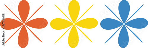 Orange yellow blue petal shapes with thin lines abstract geometric