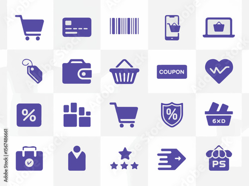 Collection of e commerce and retail related icons including shopping carts credit cards barcodes coupons wallets tags and customer satisfaction ratings in a clean purple silhouette style