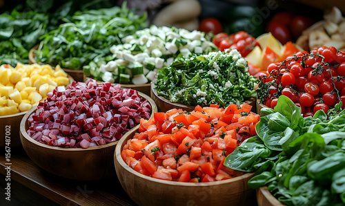 Vibrant salad bar display featuring fresh chopped vegetables and