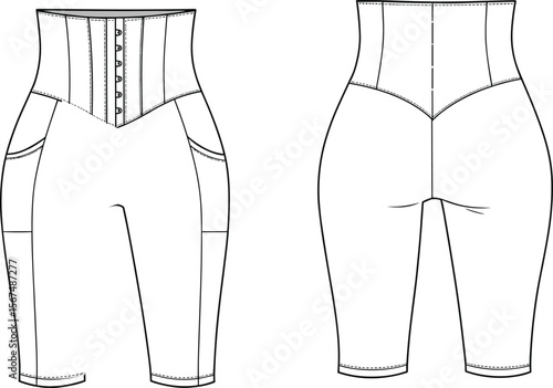 PrintHigh waist shapewear capri, compression fit, front hook closure, contour design, seamless legging style, fashion sketch, slimming bodywear illustrationHigh waist shapewear capri, compression fit,