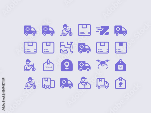 Collection of modern flat design delivery service icons featuring vans motorcycles drones packages maps and location pins all in a clean purple silhouette style