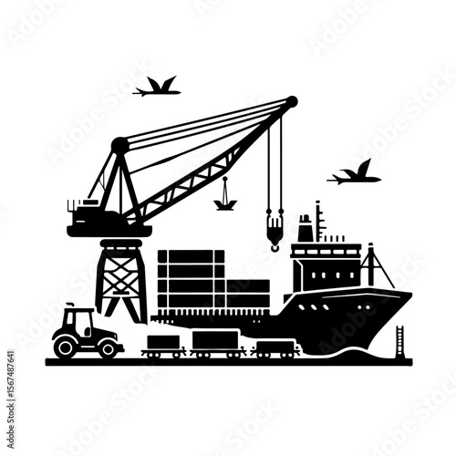 silhouette of Cargo ship  and port crane 