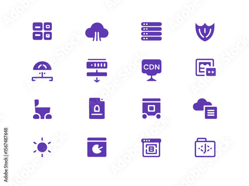 A collection of modern purple technology and data icons presented in a clean silhouette style on a black background representing various digital services and concepts