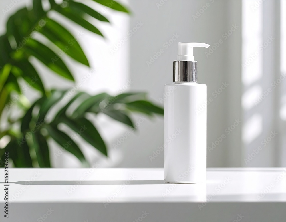 A bottle of skincare product on a white table with soft shadows, even lighting, minimal and clean look A bottle of skincare product on a white table with soft shadows, even lighting, minimal and clean look