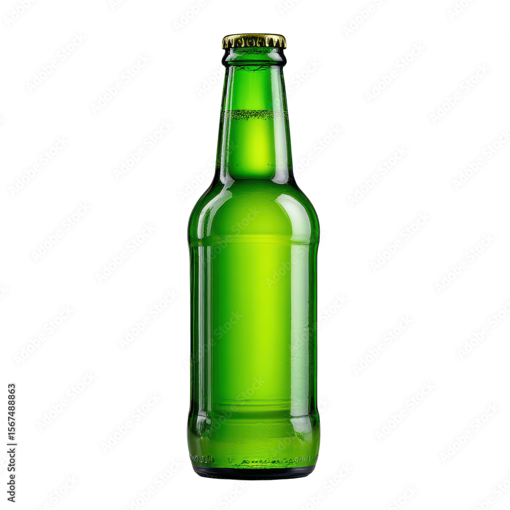Green glass beer bottle, empty drink container isolated on transparent background
Green glass beer bottle, empty drink container isolated on transparent background