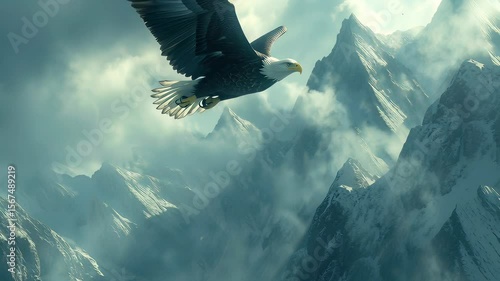 A majestic eagle is flying over a snowy mountain range. Concept of freedom and power, as the eagle soars high above the mountains. The vastness of the landscape