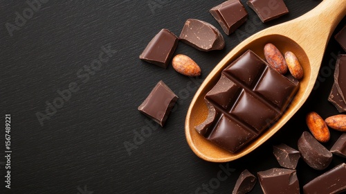 Raw cacao beans spilling out of a pod surrounded by dark chocolate pieces symbolizing the natural origins of indulgent chocolate treats. Unrefined cocoa seeds cascade from a fruit nestled