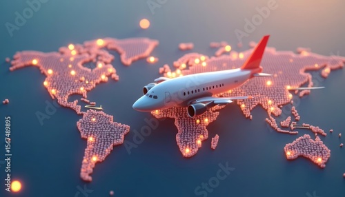 Global air travel concept with a plane over a world map.