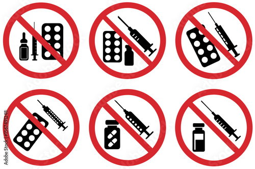 Set of Prohibitory signs on the use of medicines and medical syringes with warning symbols