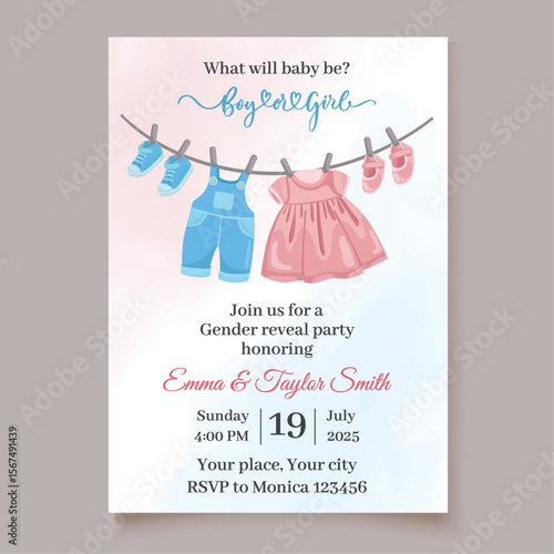 Gender reveal party invitation template Baby clothes hanging Blue or pink