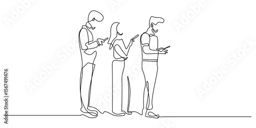 continuous line group of teenagers busy looking at mobile phones.single line drawing of young people lining up and looking at each other's mobile phone screens.single line vector illustration
