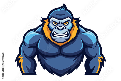 Muscular blue cartoon gorilla mascot stares with angry golden eyes and a fierce expression
