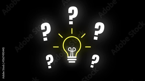 Animation of a yellow light bulb surrounded by white question marks. Represents brainstorming, ideas, innovation, and problem-solving concepts. Alpha channel