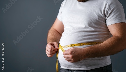 Overweight man measuring his waist with a yellow tape measure in studio