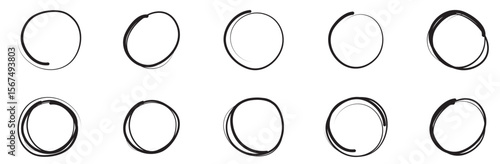 Set of eight circles drawn by hand with brush outline in black paint with jagged uneven edges. Vector illustration of circular prints from cup of coffee, twisted wire. vector illustration