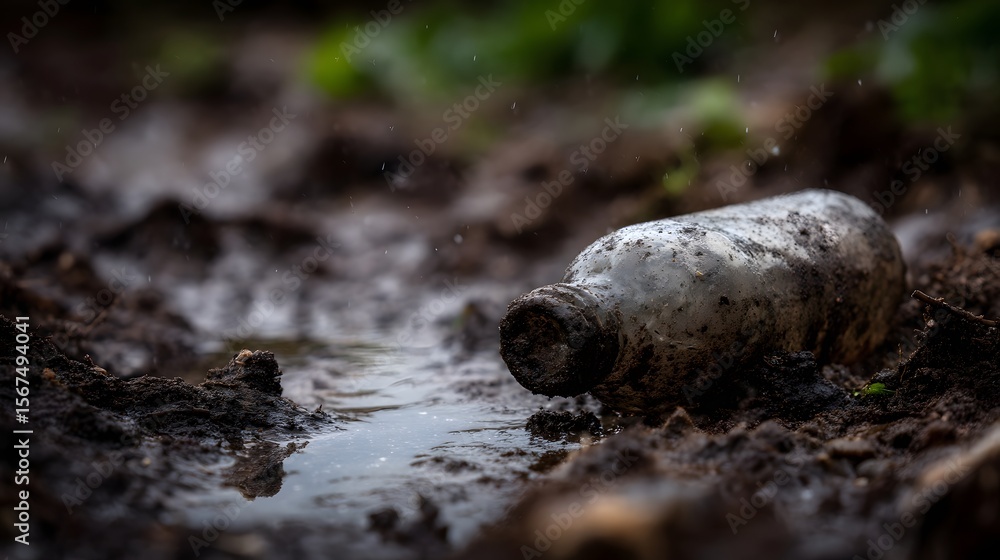 Fototapeta premium Plastic bottle stuck in polluted sludge near pond