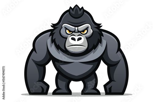 Strong gorilla with an angry expression stands firmly, showcasing its powerful build and striking gaze