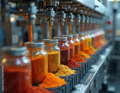 Fototapeta Naklejka Na Ścianę i Meble -  Automated factory line fills spice jars with colorful powders. Production machinery processes granular ingredients like paprika, turmeric, chili on conveyer belt system. Food processing plant ensures