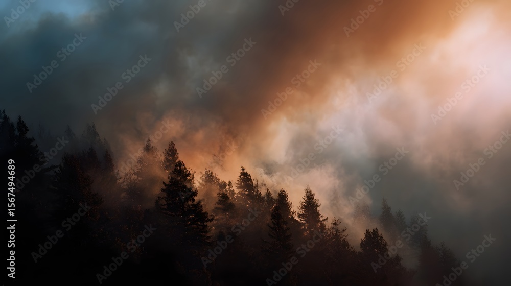 Fototapeta premium Raging forest fire releasing thick smoke into the sky