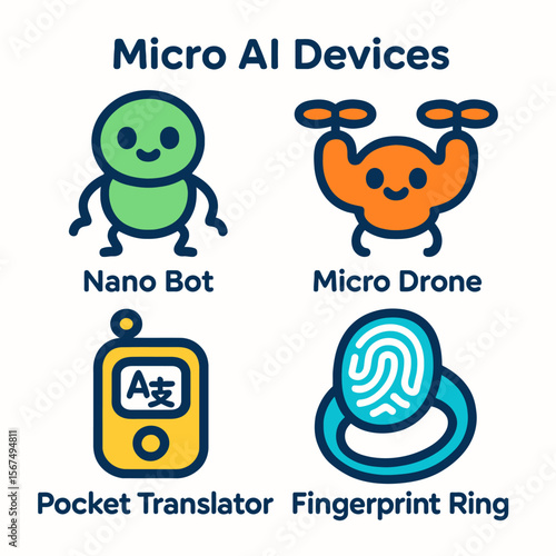 Cute cartoon illustrations showcase four miniature AI devices: a nano bot, micro drone, pocket translator, and fingerprint ring.