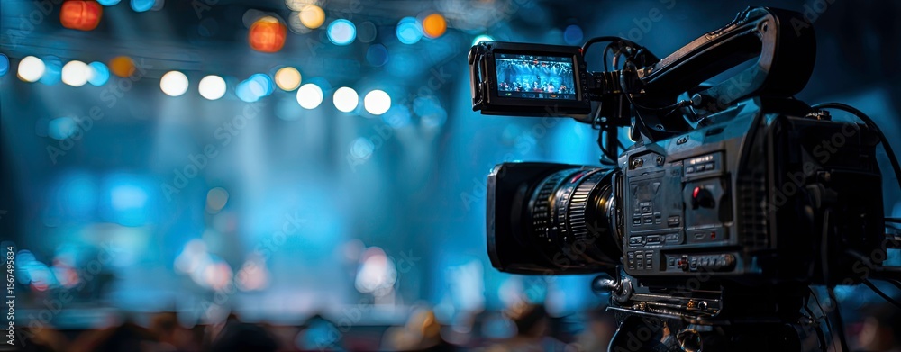 Professional Video Camera Recording a Live Event with Bokeh Lights Professional Video Camera Recording a Live Event with Bokeh Lights
